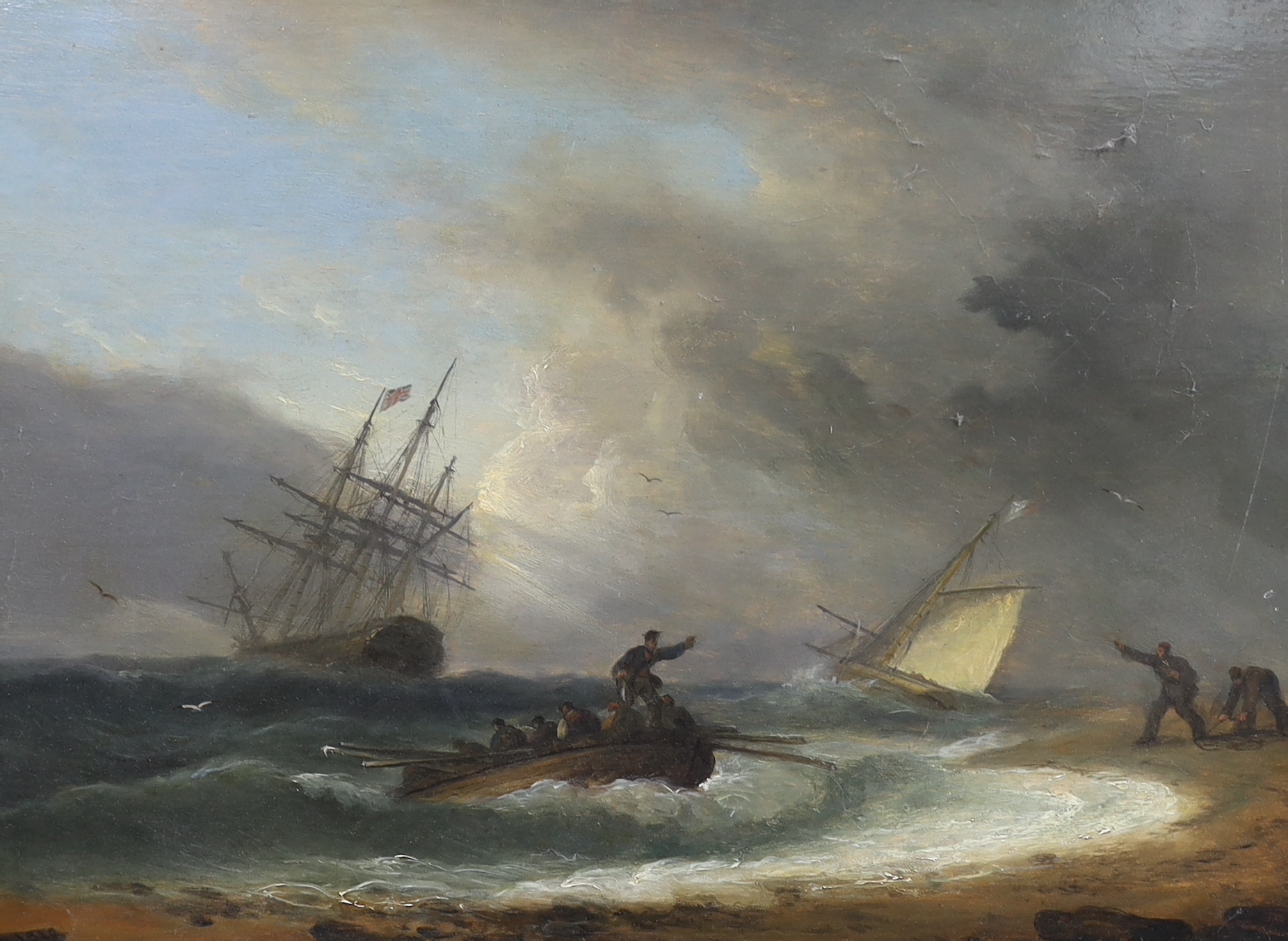 Thomas Luny (British, 1759-1837), Shipping in distress along the shoreline, oil on wooden panel, 29 x 39cm